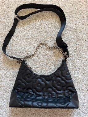 Black Quilted Floral Crossbody Bag with Chain Strap